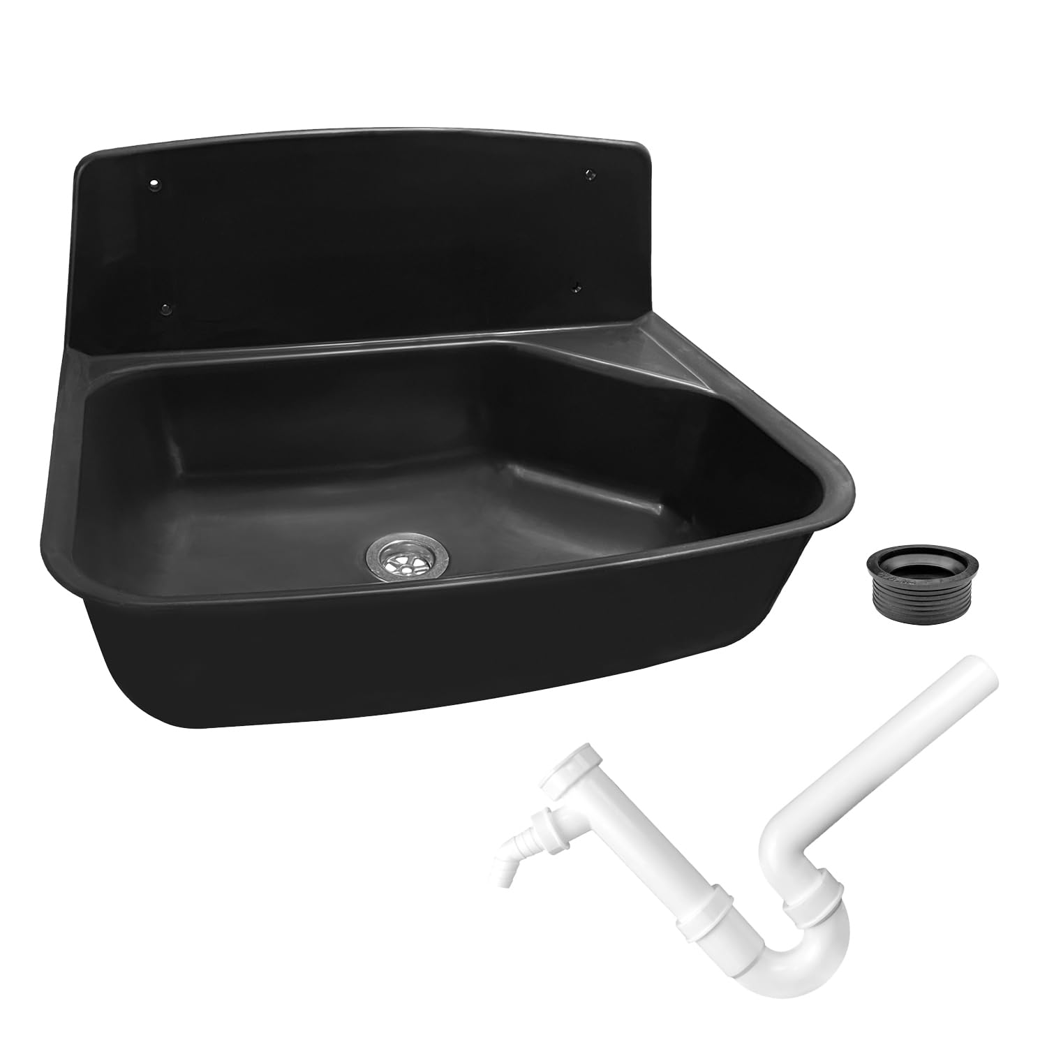 kör4u Set completo di lavandino nero, 52,6 cm, in plastica, con tappo di scarico, sifone in plastica bianco 1 1/2" x 40 mm, tappo in gomma DN 40/50