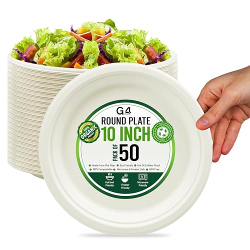 G4GADGET 50 Pack 10-Inch Bagasse Plates – Heavy Duty Compostable Dinnerware | Eco Friendly Disposable Sugarcane Plates for Parties, BBQ, Events, Camping | Biodegradable & White