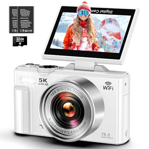 5K Digital Camera - WiFi 75MP Cameras for Photography - UHD Vlogging Camera for YouTube with 3' 180° Flip Screen - Autofocus Compact Video Travel Camara with 18X Zoom, 32GB SD Card, 2 Batteries