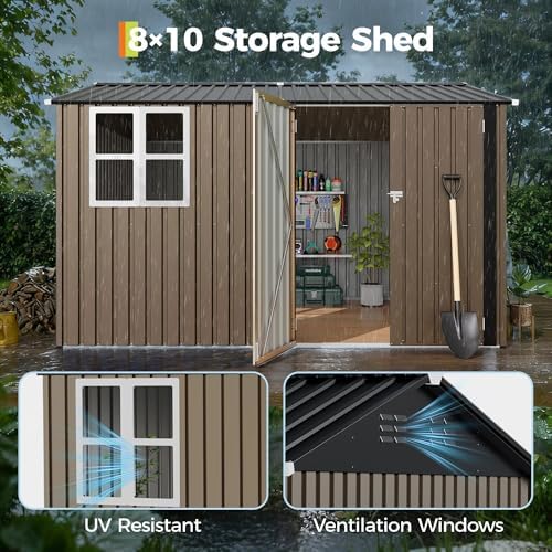 Garvee Outdoor Storage Shed 10x8 ft, 450 Cu ft Garden Shed with Gable Roof, Grid Window, Weather Resistant Metal Shed for Lawn Mower, Bike, Patio Furniture, Tools, Pet Shelter（Brown） — view 6