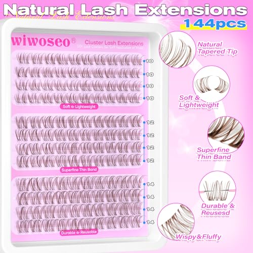 wiwoseo Brown Lash Clusters Natural Eyelash Clusters Lashes Natural Look Lash Extension Invisible Band Individual Lashes Cluster Eyelash Extensions Wispy Lash Clusters Brown Lashes (10-14MM)
