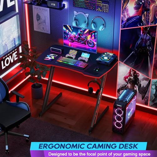 Image of BestOffice Gaming Desk 35 in PC Computer Desk Z Shaped Gaming Workstation Ergonomic Gaming Table with Headphone Hook for Home Office,Black&Red | PC Computer Workstation, Ergonomic Gaming Table, Headphone Hook, For Home Office