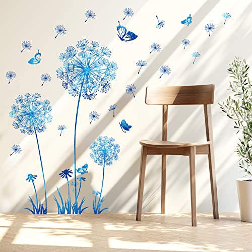 Supzone Dandelion Wall Stickers Blue Flower Wall Decals Butterflies Flying Wall Decors Wall Art Stickers For Bedroom Living Room Sofa Backdrop Tv Wall Decoration #TOP23
