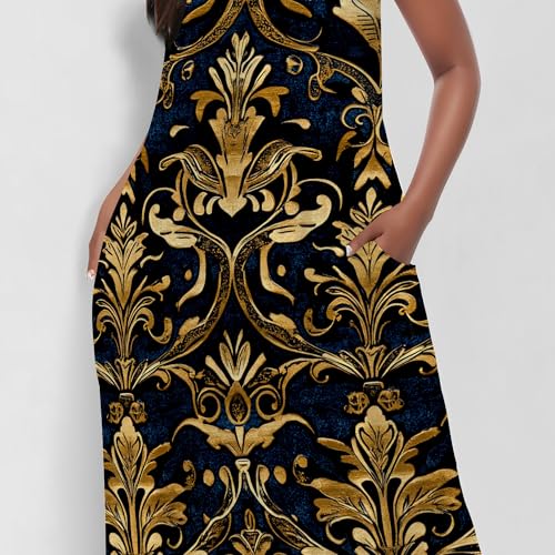 Image of Women's Summer Maxi Dress Spaghetti Strap Floral Boho Beach Long Sundress with Pockets