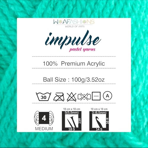 Image of WOAFashions Impulse Hand Knitting & Crochet Yarn, Premium Acrylic, 4 : Medium (Medium Turquoise) (2x100gms / 3.5oz / 200mtr / 218yds)