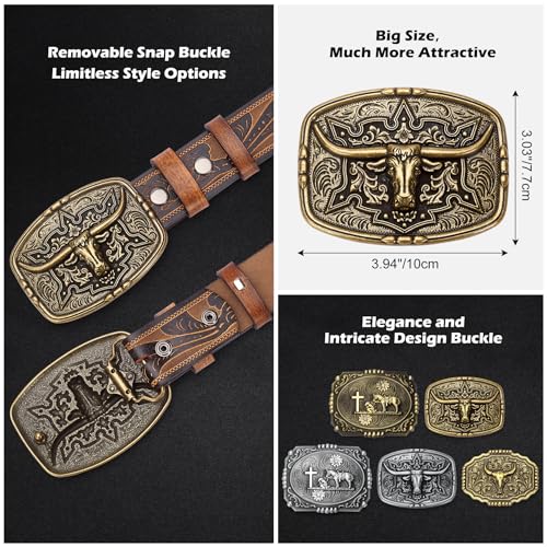 BISON DENIM Men's Western Cowboy Belt with Big Printed Engraved Buckle Strap Adjustable4