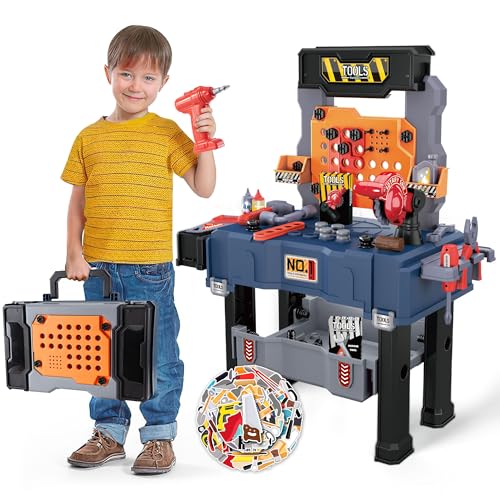Kids' Tool Bench with 118 Realistic Pieces, Electric Drill & Stickers - Pretend Play Learning Gift for Boys & Girls Age 3-5