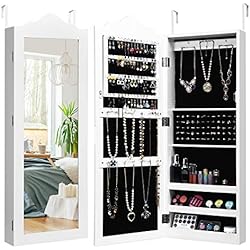 Estanterias Con Puertas Baratas COSTWAY Armario para Joyas con Espejo Joyero Estante para Puerta y Pared Almacenamiento Blanco