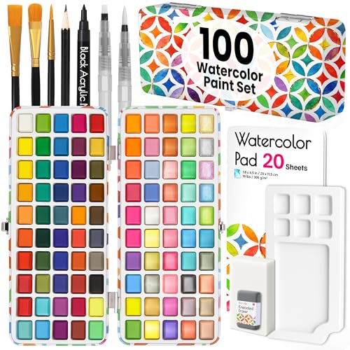 Funcils 100 Watercolor Paint Set - Water Colors Paint for Kids Adult Beginners Professional Artists | Watercolor Palette with Paper Brushes Pen | Travel Painting Kit Art Supplies for Adults