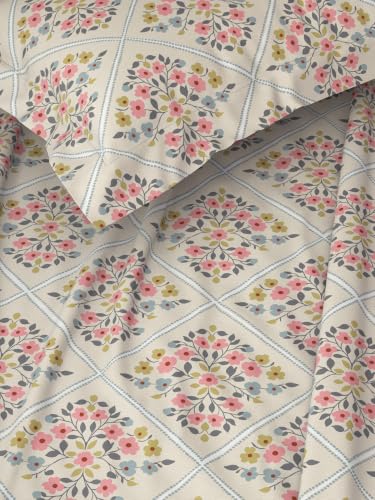 Image of Welspun Zen Microfiber Floral Double Bedsheet with 2 Pillow Covers | Percale Bed Sheet | Skin Safe, Breathable & Easy Care Bedding Set | Gift Set | Beige | 220 x 240 Cm
