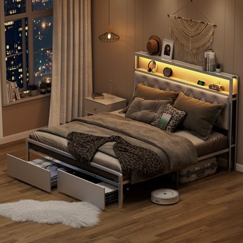 Queen Bed Frame,Bed Frame Queen Size with Headboard and Storage Shelves,Metal Platform Bed Frame with 2 Drawers & Charging Station & LED Lights,Noise-Free/Metal Slats Support/No Box Spring Needed,Grey