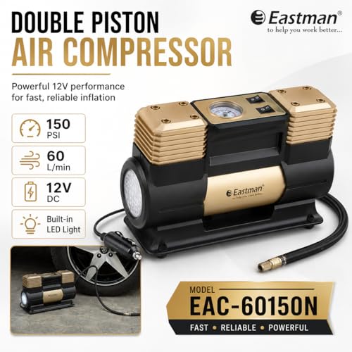 Image of EASTMAN Double Cylinder Air Compressor 12V ? 150 PSI Heavy Duty Tyre Inflator Pump with 60L /Min Flow, LED Light & Battery Alligator Clamps for SUVs, Trucks & Cars (EAC-60150N)