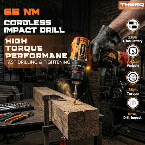 Image of 18V Cordless Impact Drill Machine with 65 Nm High Torque Brushless Motor, 25+1 Position Clutch, 2.0Ah x 2 Batteries, 2000 RPM Variable Speed, 6 Month Warranty