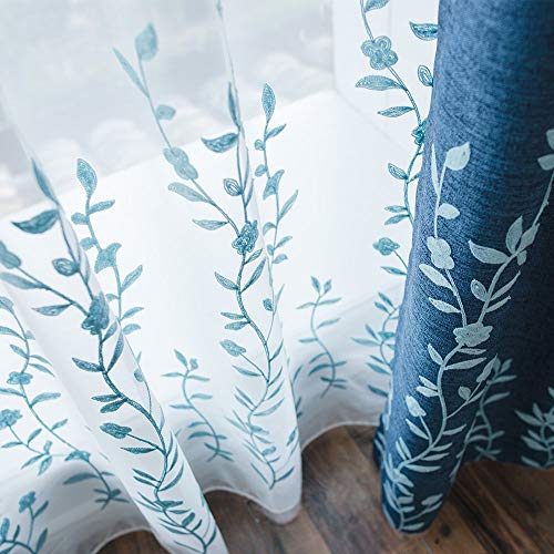 Melodieux Flower Embroidery Sheer Curtain for Living Room, Farmhouse Style Rod Pocket Voile Drape, White/Blue, 52 by 96 Inch (1 Panel)