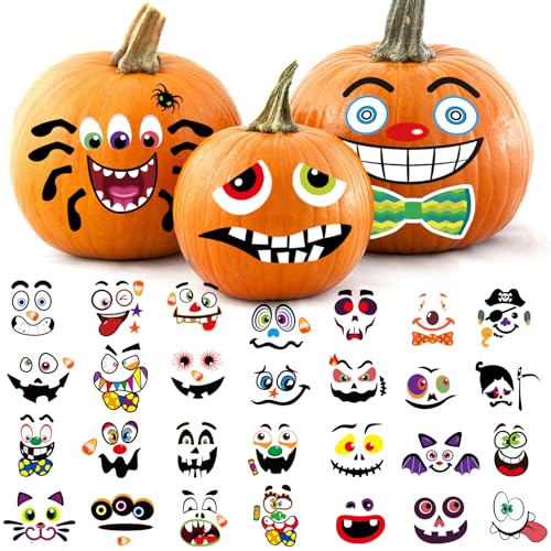 Aowplc Halloween Pumpkin Decorating Stickers - 16 Sheets with 32 Fun Faces for Small Pumpkins Perfect for Halloween Crafts Party Favors Trick-or-Treat and Activities