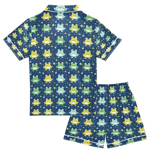 senya Green Frog Yellow Satin Summer Pajama Sets Silk Short Sleeve Button Down Sleepwear2