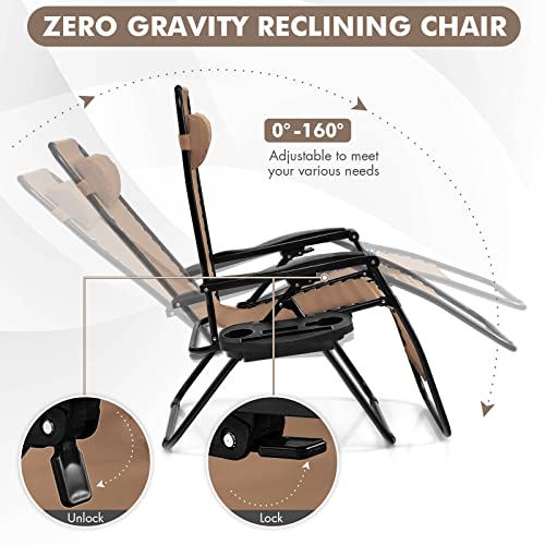 Image of Giantex 2 PCS Zero Gravity Chair Patio Chaise Lounge Chairs Outdoor Yard Pool Recliner Folding Lounge Chair with Cup Holder (Beige)