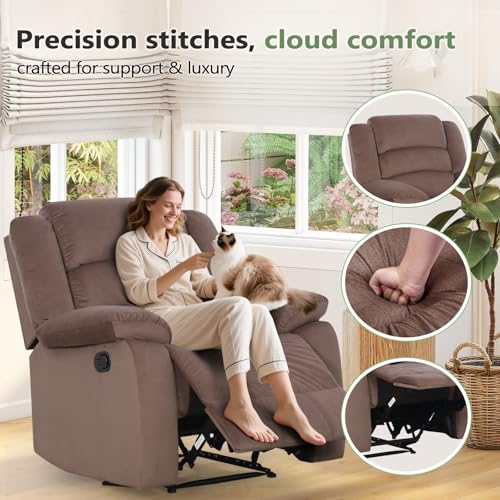 Image of ANJ Fabric Recliner Chair with Overstuffed Arm and Back, Comfy Chocolate Manual Reclining Chairs for Adults, Living Room Single Sofa Recliners