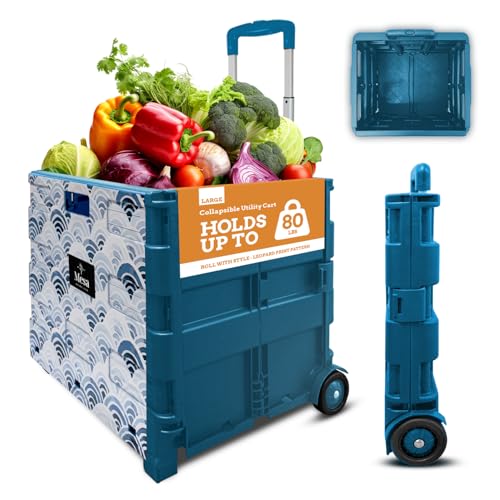 Inspired Living Ultra-Slim Rolling Collapsible Storage Pack-N-Roll Utility-carts, with Telescopic Handle, for Home, Garden, Shopping, Office, School use, Large, Blue, Wave Print