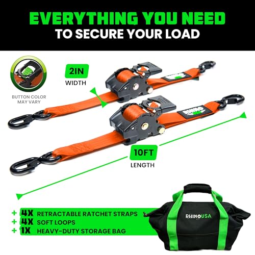 Image of Rhino USA Retractable Ratchet Straps (4-Pack) - 2 Inch x 10 Feet (3,033lb Break Strength) - Heavy Duty Auto Self Retracting Tie Down Straps for Truck, Cargo Trailer, Motorcycle, Rad & More - Orange