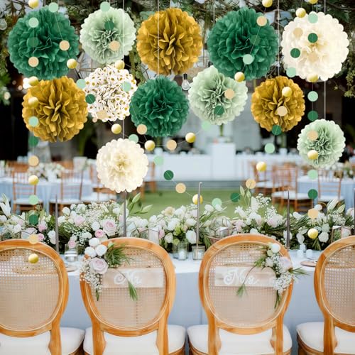 Image of KAXIXI Sage Green Wedding Party Decorations, Green and Gold Tissue Paper Pom Poms Circle Garland for Bridal Shower Baby Shower Wedding Birthday Engagement Party Decorations, 17PCS