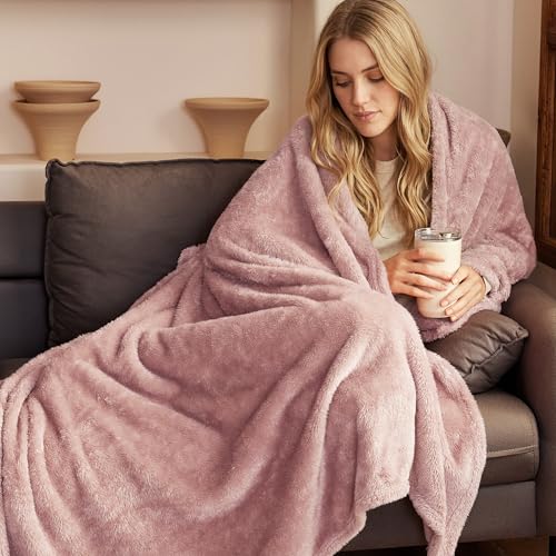 Image of Exclusivo Mezcla Plush Fuzzy Fleece Bed Blanket Queen Size, Super Soft, Fluffy and Warm Blankets for Couch, Bed, All Season (Dusty Pink, 90x90 inches)