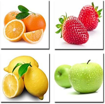 Purple Verbena Art 4pcs/set Stretched and Framed Orange, Apple, Lemon, Strawberry Fruits Design Wall Artwork Paintings, 12x12 Inches Giclee Walls Canvas Art Work for Kitchen Home Decor, Ready to Hang