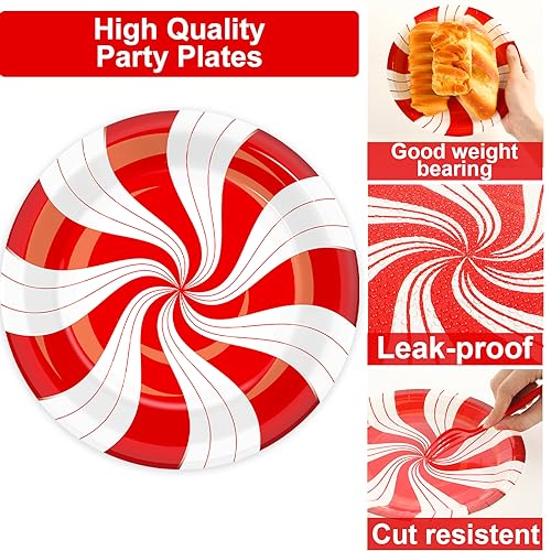 Image of 100Pcs Christmas Peppermint Paper Plates and Napkins Party Supplies Candy Cane Party Tableware Set Red and White Striped Christmas Winter Party Decor Favors for Holiday Xmas Theme Party Serves 25