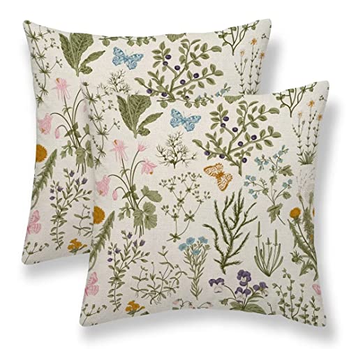 Sunshineyan Floral Spring Pillow Covers 18X18 Set Of 2, Herbs And Wild Flowers Botanical Plants Throw Pillow Cases Sage Green Floral Vintage Outdoors Linen Decor For Home Bed Car Couch #TOP1