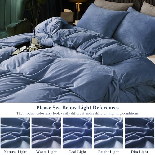 Ivellow Velvet Duvet Cover King Set Blue Comforter Cover 3Pcs Ultra Soft Cover Breathable Solid Luxury Flannel Velour Duvet Cover Zipper Closure Corner Tie