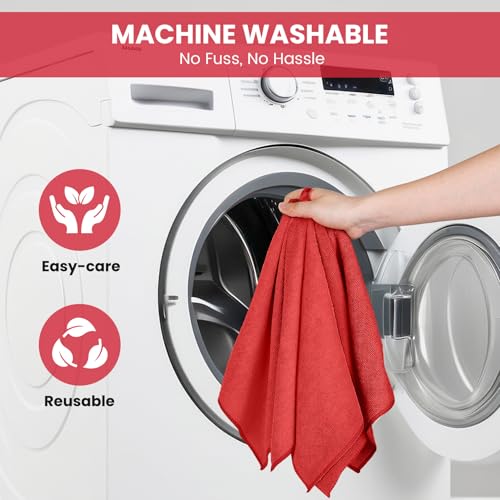 Image of SIFANGKE Microfiber Cleaning Cloth, 12 Pack Red Cleaning Rags for Housekeeping, Reusable Microfiber Towels for Car, Kitchen, Bathroom and Household Cleaning Supplies, 11.8 inchX11.8 inch