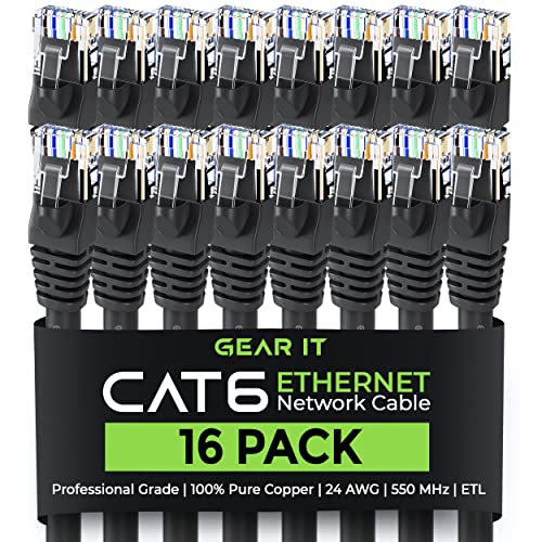 GearIT Cat 6 Ethernet Cable (16-Pack 3 Feet) Cat6 Network Patch, 10Gbps, RJ45, Snagless Cord, Gold-Plated Connectors, Internet for PC, TV, Tablet, Router, Printer, Servers, IT Data Center - Black
