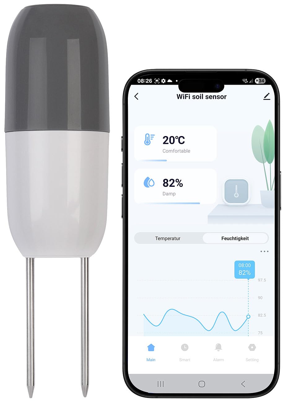 Royal Gardineer WLAN Pflanzen Sensoren: 4er-Set Smarter WLAN-Bodenfeuchtigkeits- & Temperatursensor, App (Pflanzenpflege Sensor, Boden Temperaturmessgerät)