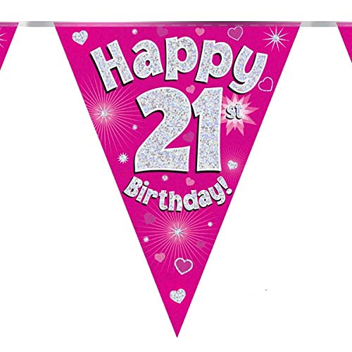 British Ballet® 21st Pink Birthday Bunting Banner • 3.9m Garland with 11 Triangle Flags • Age 21 Birthday Party Decoration • Holographic Banner • Indoor & Outdoor Decor BUNP
