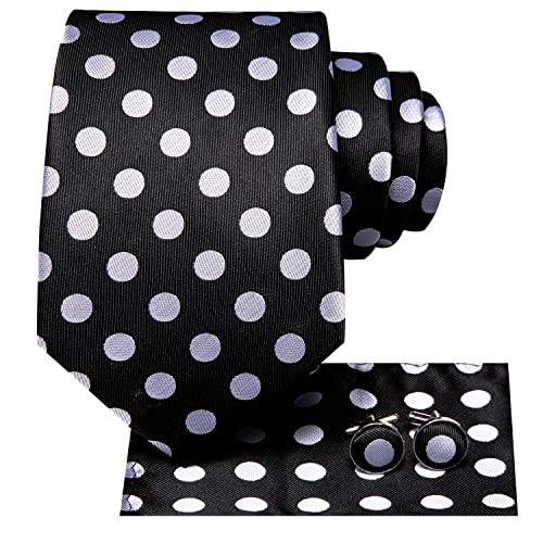 Hi-Tie Black Silver Polka Dots Ties Wedding Necktie For Men Woven Handkerchief Cufflinks #TOP1
