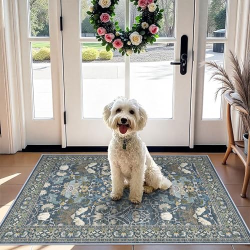 Washable 2x3 Runner Rug for Entryway: Easy-Clean Carpet with Non-Slip Backing for Bedroom Kitchen Stain-Resistant Shedding-Free Floor Mat – Perfect for High-Traffic Areas with Pets (2x3,Floral/Blue)