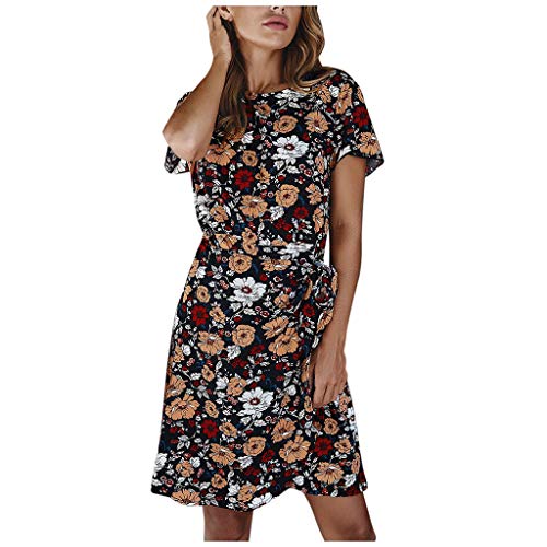 Women's O-Neck Short Sleeve Slim Mini Dress - Bow Floral Printing Split Midi Casual Dress Party Evening Dresses Sale