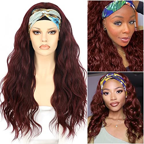 BABEHERS Headband Wigs for Black Women 26 Inch Burgundy Wavy Half Wigs with Headbands Attached Long Body Wave Headband Wig Glueless Synthetic None Lace Front Wigs Easy to Wear 150% Density