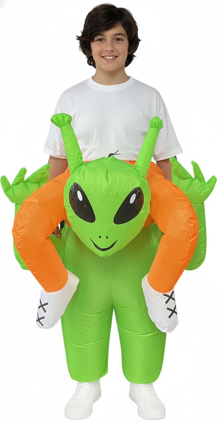 A2Z 4 Kids Boys Girls Inflatable Alien Halloween Costume Fancy Dress Outfit Green Alien Blow Up Suit Halloween School Party Festivals Costume with Fan Battery Box & USB One Size Fits Ages 8 to 14 Yrs