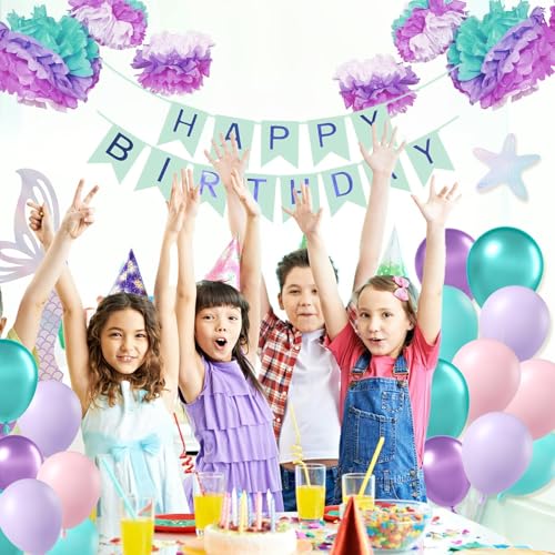 Image of BAUANOOY Mermaid Balloons, 60pcs 12 Inch Pink Metallic Purple Green Blue Latex Balloons for Little Mermaid Birthday Decorations, Baby Shower, Under the Sea Party Decorations