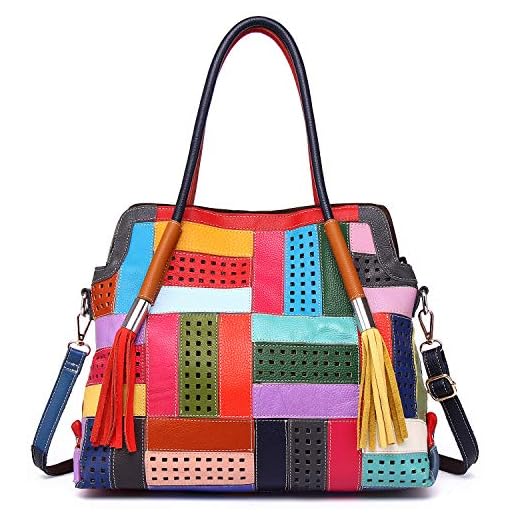 Bolsa feminina de couro legítimo, bolsa de ombro vazado, multicolorida, patchwork, Multicolorido, médio,