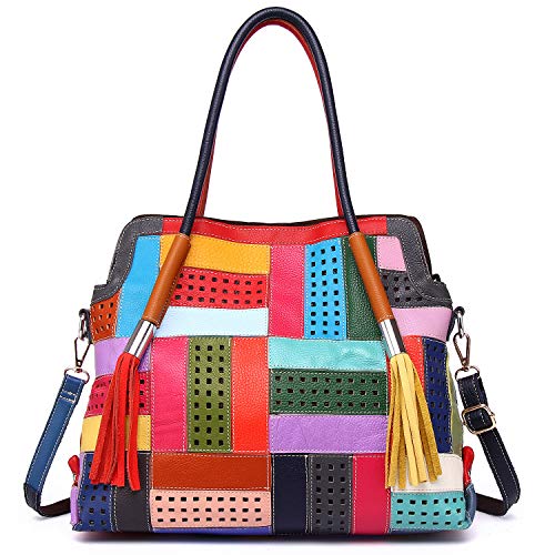 Women Genuine Leather Tote Multicolour Patchwork Hollow Shoulder Handbag Purses