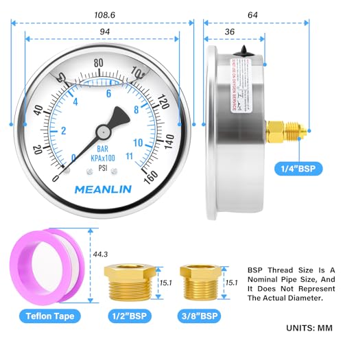 Manomètre en acier inoxydable MEANLIN MEASURE avec support arrière WOG - 2