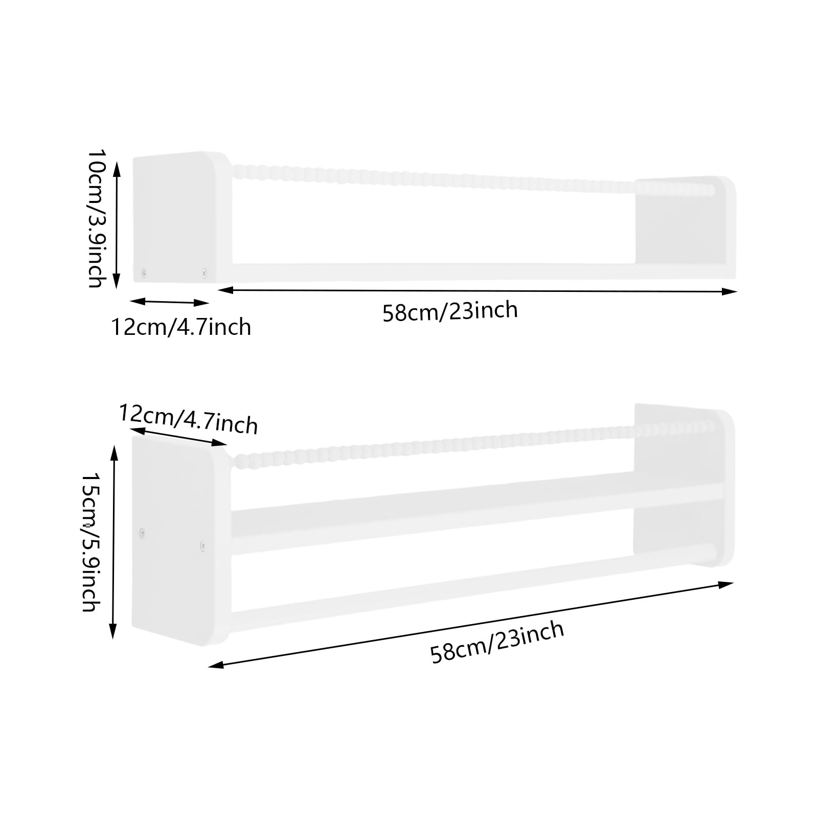Juego de 3 estanterías infantiles de 58 cm, estantes flotantes de madera con barreras de perlas de madera, para salón, cocina, dormitorio, color blanco