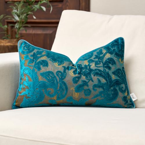 Alerfa Blue Neutral Floral Pillow Cover 12 x 20 Inch, Vintage Cut Velvet Rectangle Couch Throw Pillow Cover Soft Decorative Farmhouse Accent Pillowcase for Living Room Bedroom