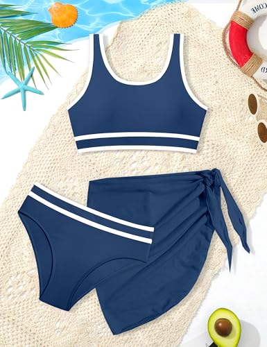 Image of Girls Swimsuit Double Strap High Waist Sporty Bikini Swimsuits Swim Cover Up Skirt 3 Piece Set