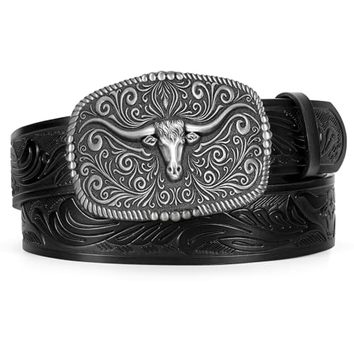 Western Belt for Men Women Cowboy Engraved Belt Western Buckle Embossed Leather Belt3