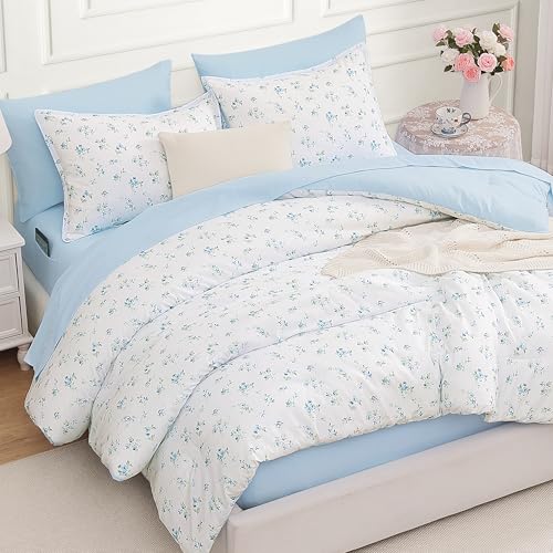 Image of Andency Floral Comforter Set, 7 Pieces Blue Queen Bedding Sets, Cottagecore Flower Bedding, Soft Lightweight Aesthetic Comforter with Sheets, Pillowcases & Shams for Women Teen Girls, White Blue
