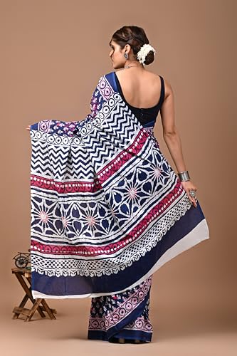 Image of Crafts Moda Hand Block Ajrakh Print Cotton Saree for women with Blouse | Soft comfortable wear sari
