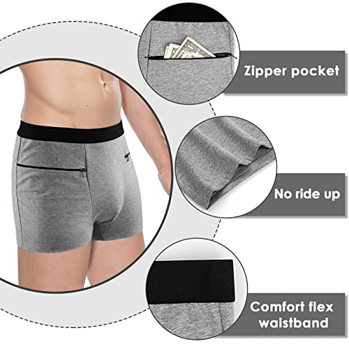 Men's Boxer Briefs Secret Hidden Pocket, Travel Underwear with Secret Front Stash Pocket Panties (Gray) - 2 Packs3